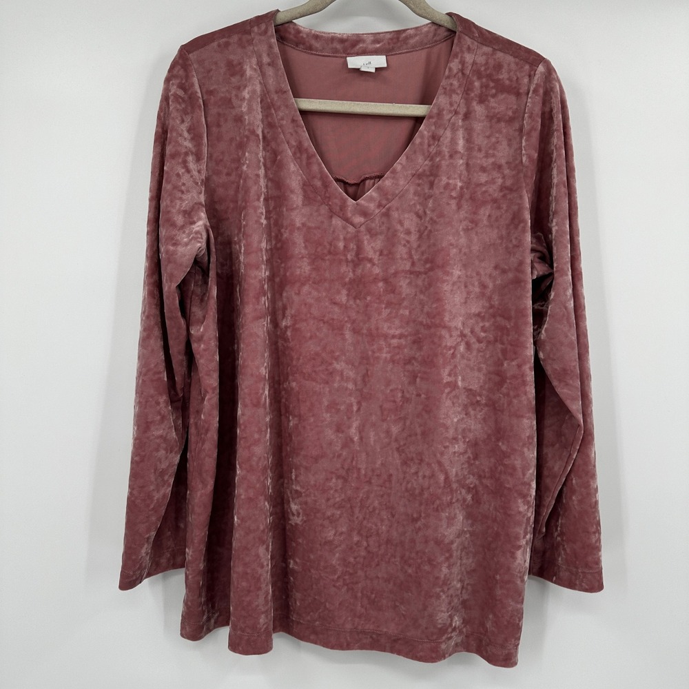 J‎ Jill Dusty Rose Crushed Velvet V-Neck Tunic Top Large Long Sleeve Romantic